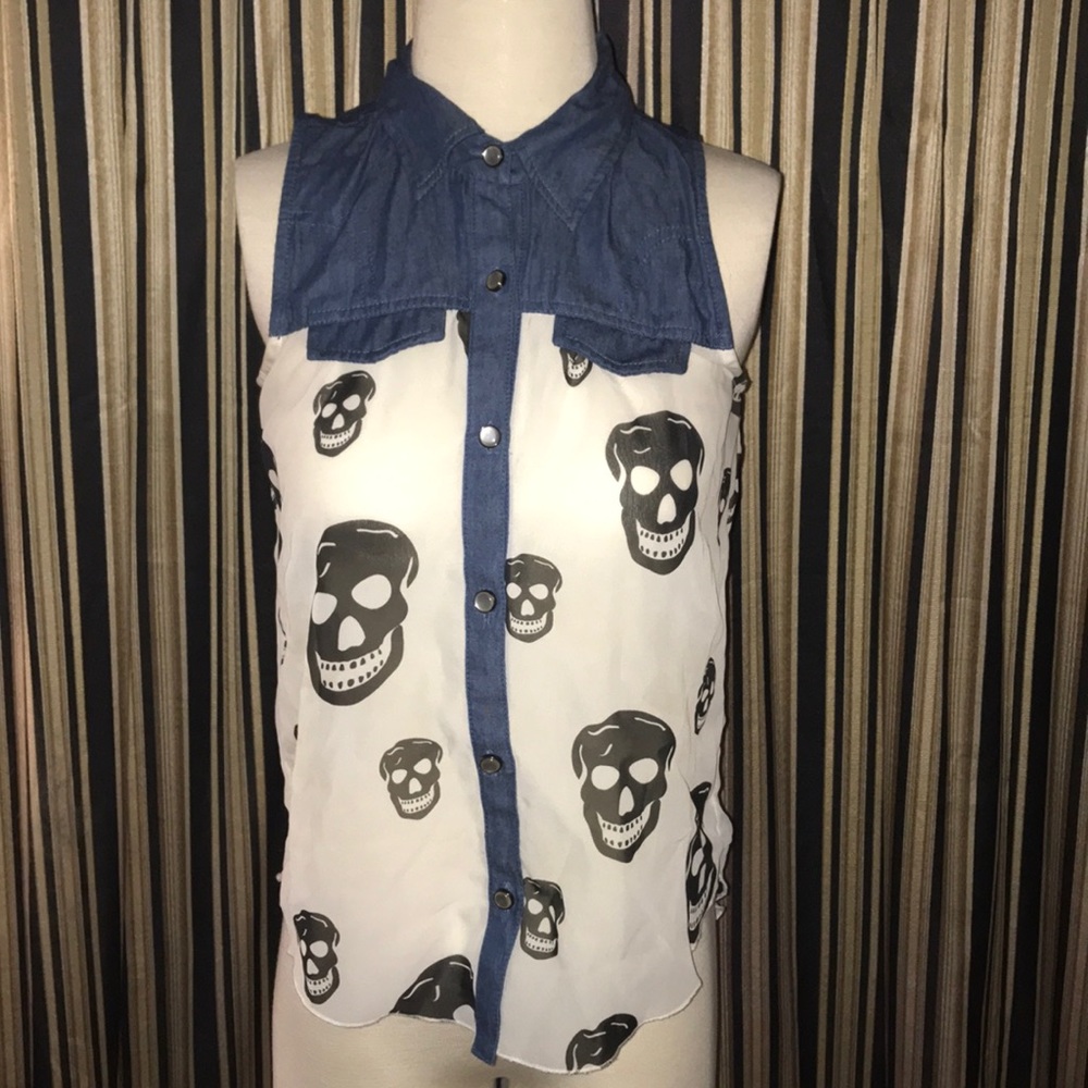 Retro Punk Pinup denim and sheer skull top.